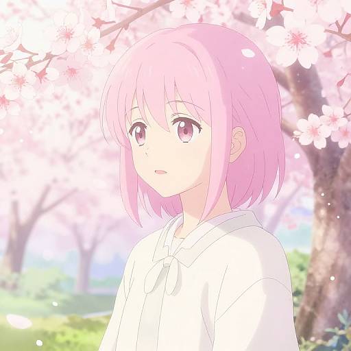 Anime-style digital drawing of a pink-haired girl with large purple eyes, wearing a white blouse, standing under blooming cherry blossoms.