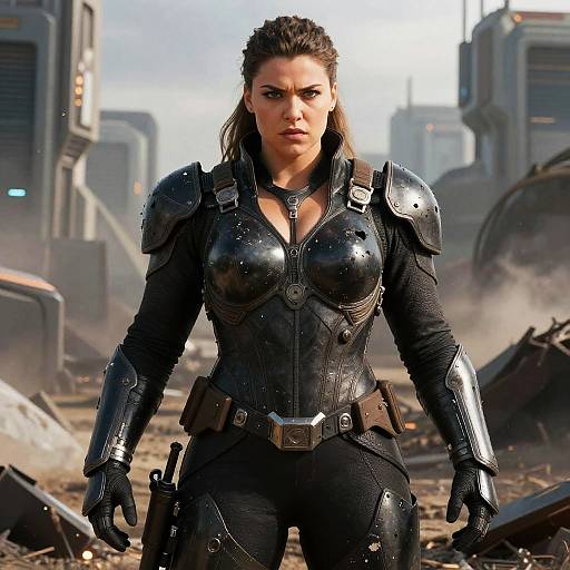 Photorealistic CGI of a fierce, dark-haired woman in black, metallic armor with chest plates, standing in a ruined, futuristic cityscape.