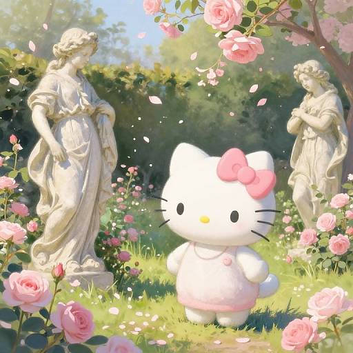 Photograph of Hello Kitty with a pink flower, surrounded by two classical statues and blooming pink roses in a sunlit garden.