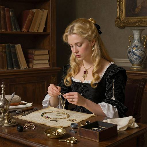 Photograph of a blonde woman with fair skin, wearing a black velvet dress, carefully arranging gold jewelry on a wooden desk in a dimly lit,