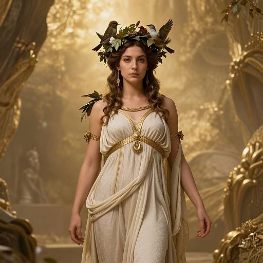 Goddess-like woman in golden crown and white, gold-trimmed gown stands regally in opulent, sunlit, ancient temple setting.