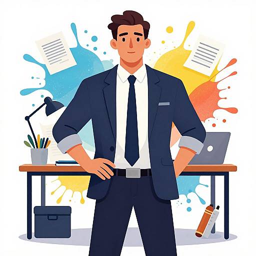 Cartoon-style illustration of a smiling, brown-haired man in a navy suit, white shirt, and black tie, standing in front of a desk with