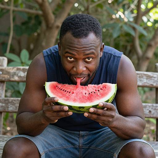 Photograph of a muscular Black man with short hair, wearing a navy sleeveless shirt and denim shorts, enthusiastically eating a slice of watermelon outdoors,