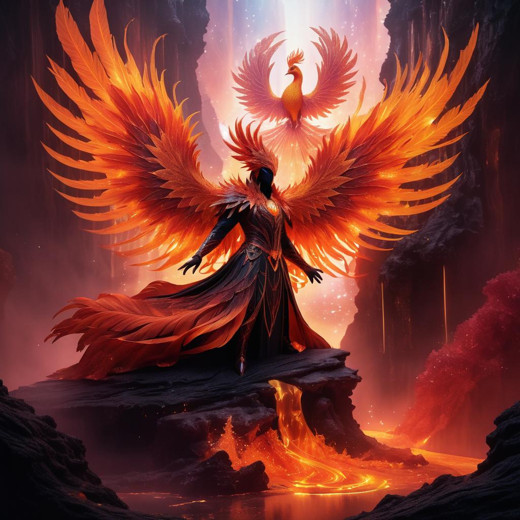 Mystical Phoenix in Fiery Volcano