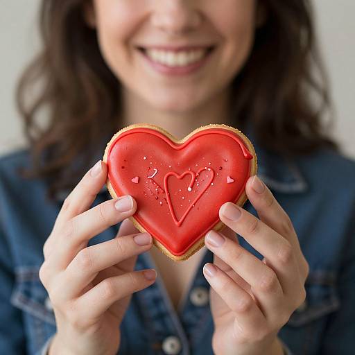 Photograph of a smiling woman with wavy brown hair, holding a red heart-shaped cookie with a detailed heart imprint. She wears a denim shirt,