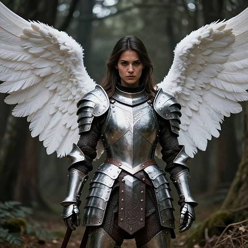 Photograph of a serious young woman with long brown hair, wearing silver armor and large white angel wings, standing in a dark, misty forest.