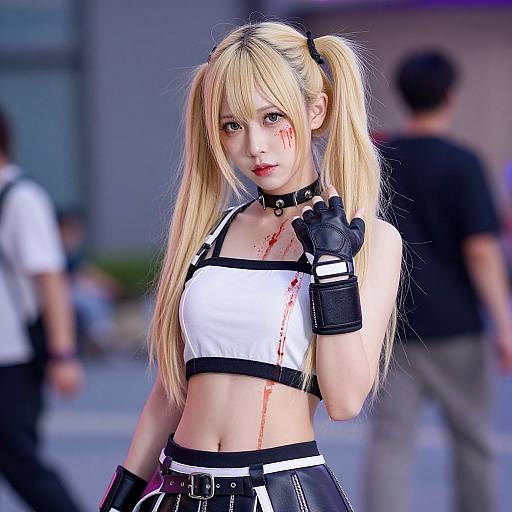 Photograph of a young blonde woman in cosplay, wearing a white crop top, black gloves, and choker, with blood on her face and outfit