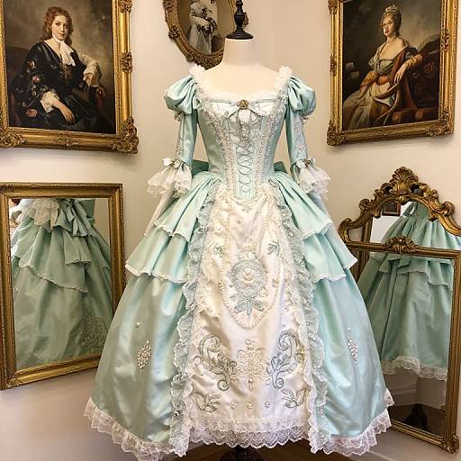 Photograph of an elaborate, light blue and white Victorian dress with lace and ruffles, displayed in a gallery with framed classical portraits and mirrors.