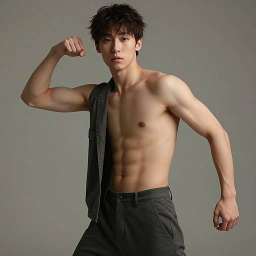 Photograph of a muscular, shirtless Asian man with black hair, flexing his right arm, wearing black pants and gray suspenders against a gray
