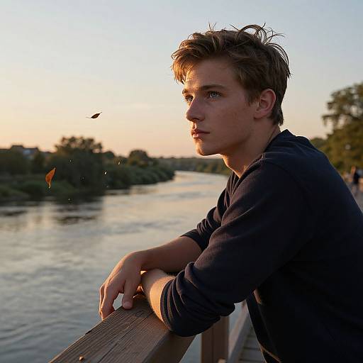 Photograph of a young, handsome man with tousled blonde hair, wearing a black long-sleeve shirt, gazing thoughtfully at a sunset