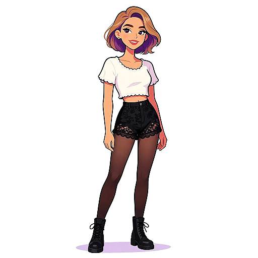Digital anime-style illustration of a young woman with light brown bob haircut, wearing a white crop top, black lace shorts, and black ankle boots, standing