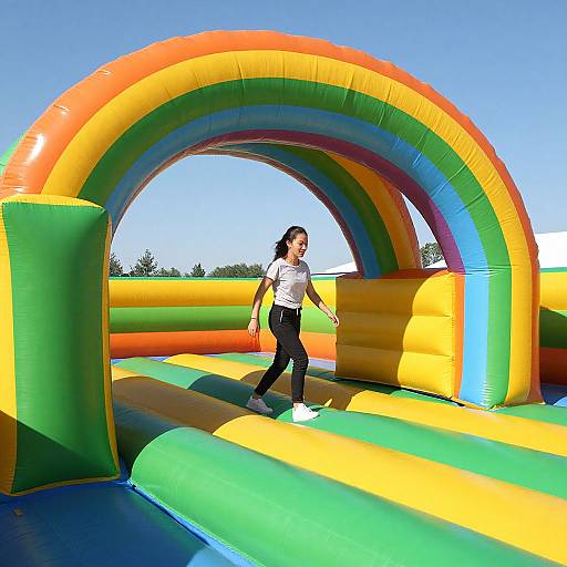 Photograph of a young woman with long dark hair, wearing a white shirt and black pants, jumping in a colorful inflatable bounce house with rainbow arches