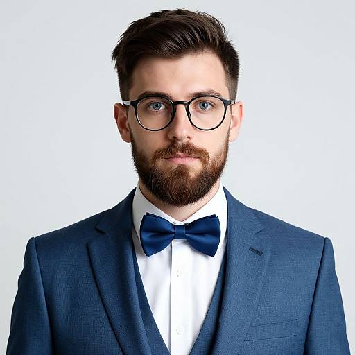 Photograph of a bearded man with glasses, dark hair, wearing a navy blue suit, white shirt, and navy bow tie, against a white