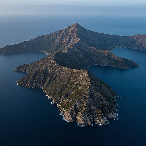 Aerial photograph of a rugged, mountainous island with steep cliffs and dark green vegetation, surrounded by deep blue ocean under a clear, pale blue sky