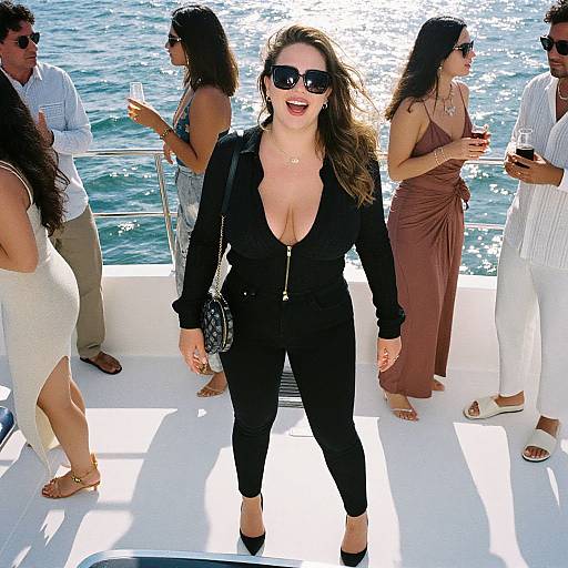 Photograph of a smiling woman with fair skin, black deep V-neck jumpsuit, black sunglasses, and black heels, standing on a sunlit boat