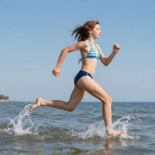 Photograph of a young woman in a blue-striped bikini running through shallow ocean water, splashing waves, clear blue sky background.