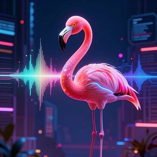 Neon-lit digital artwork of a vibrant pink flamingo with glowing feathers and electric blue-green neon lines in a futuristic cityscape.