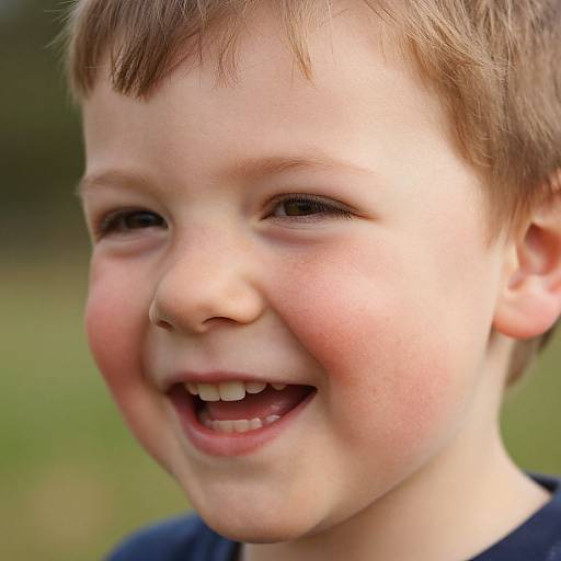 Close-up photograph of a smiling young boy with light brown hair, rosy cheeks, and blue eyes, wearing a dark shirt, set against a blurred