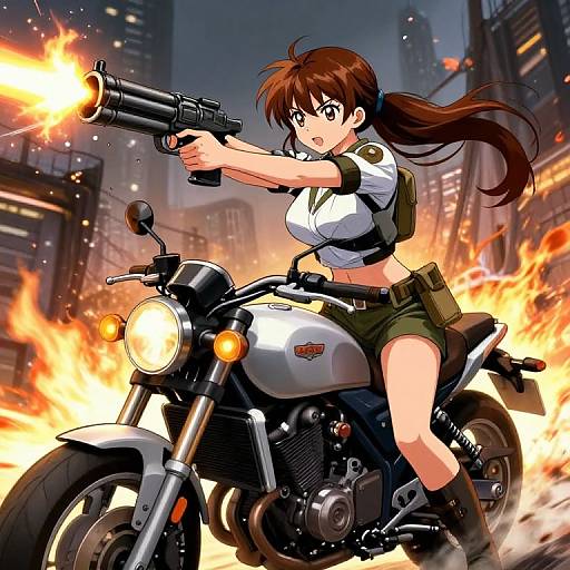 Anime-style drawing of a brown-haired, large-breasted woman in a white shirt and green shorts, firing a handgun from a silver motorcycle amidst an explosion