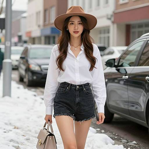 Young Asian Woman Wearing Hat and Denim Shorts on Snowy Street
