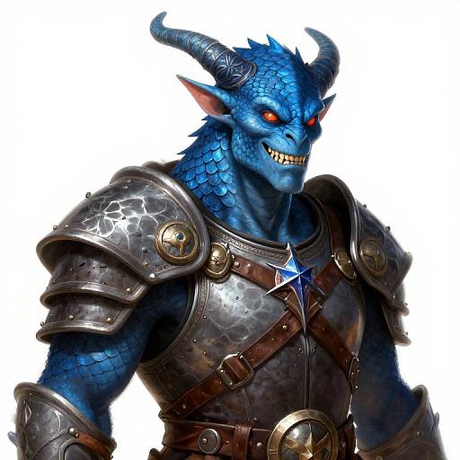 Digital art of a blue-scaled, demon-like warrior with red eyes, sharp teeth, and horns, wearing metallic, star-embossed armor with