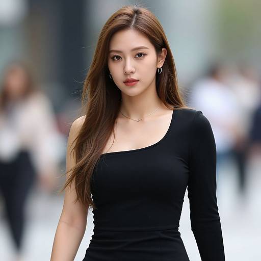 Photograph of an Asian woman with long brown hair, wearing a black one-shoulder dress, standing confidently on a blurred city street.