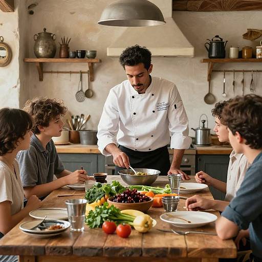 Photograph of a bearded male chef in a white uniform serving a colorful salad to four young people at a rustic wooden table in a cozy, sun