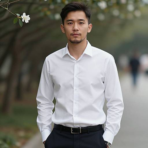 Photograph of a young Asian man with short black hair, trimmed beard, wearing a crisp white dress shirt and black pants, standing confidently outdoors with blurred