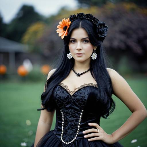 Woman in Black Halloween Costume with Floral Accessories