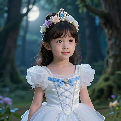Photograph of an Asian young girl with dark hair wearing a white princess dress, blue ribbon, and flower crown, standing in a moonlit forest.