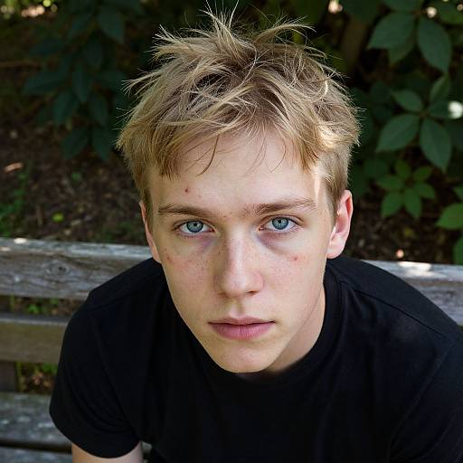 Photograph of a young, fair-skinned boy with messy blonde hair, blue eyes, and freckles, wearing a black shirt, sitting on