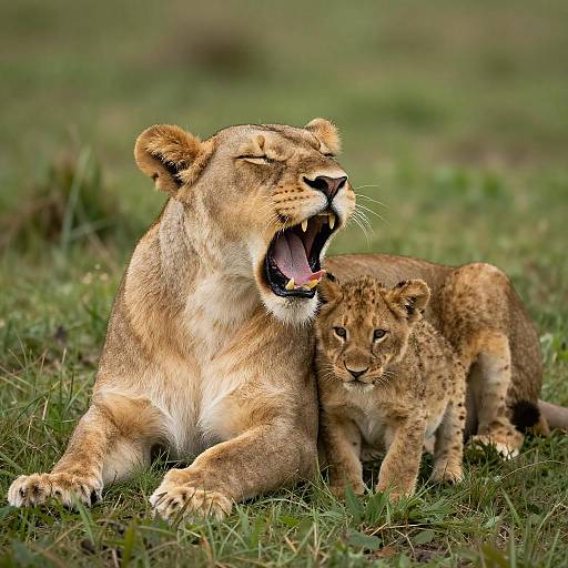 Serene Lioness with Alert Cub in Grass