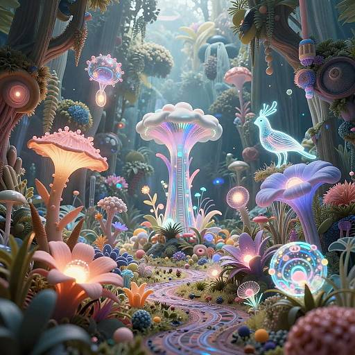 Whimsical digital artwork of a glowing, colorful forest with bioluminescent mushrooms, flowers, and a luminescent deer, surrounded by vibrant