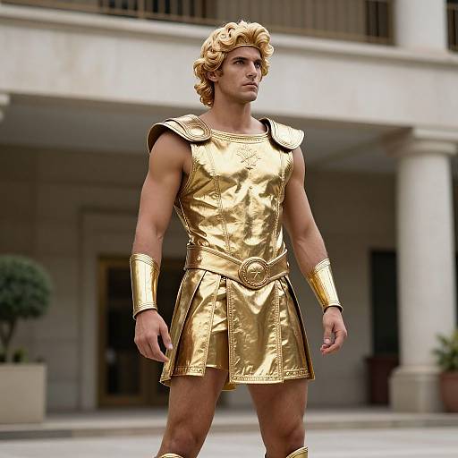 Photorealistic CGI of a muscular, blonde-haired young man in a shiny, gold ancient Greek-style armor with shoulder pads and a skirt, standing confidently