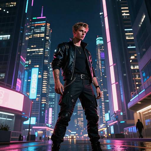 Neo-futuristic photograph of a muscular man in a black leather jacket and pants, standing confidently in a vibrant, neon-lit cityscape at night