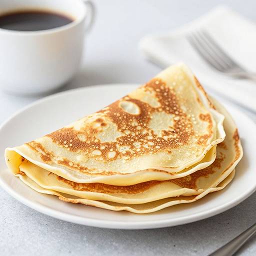 Photograph of golden-brown, butter-spotted pancakes stacked on a white plate, with a cup of black coffee in the background.