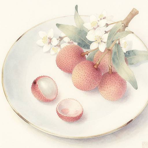 Watercolor painting of a white plate with pink, textured pomegranates and green leaves, adorned with white flowers, on a white background.