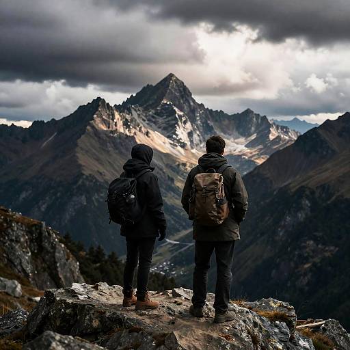 Adventurers on a Rugged Mountain Ledge