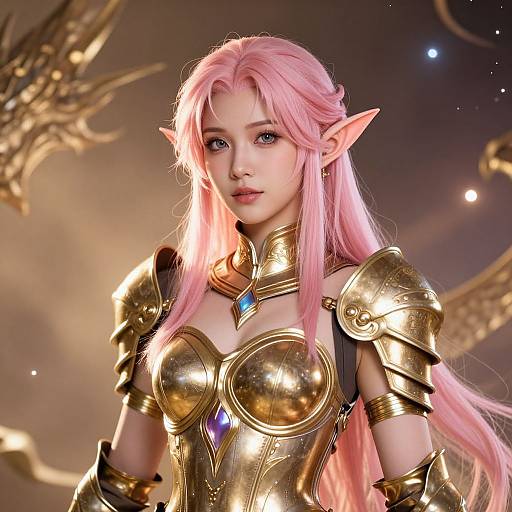 CGI fantasy portrait of a pink-haired elf woman with pointed ears, wearing golden armored breastplate and shoulder pauldrons, featuring a blue gemstone