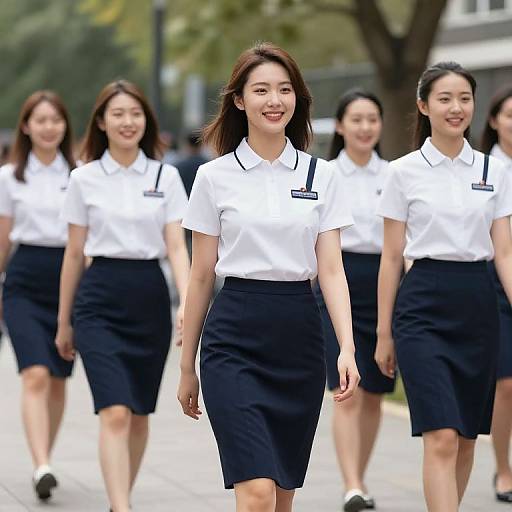 Photograph of four Asian women in white shirts and black skirts, walking outdoors in a park, smiling, with blurred trees and buildings in the background.