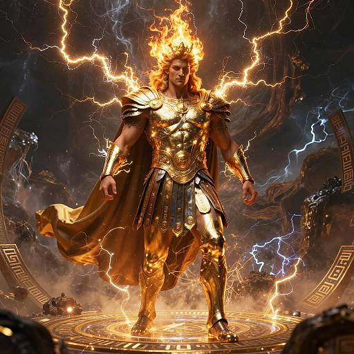 Photorealistic CGI of a muscular, golden-armored Zeus-like figure standing on a glowing, circular platform, surrounded by electrifying lightning and flames.