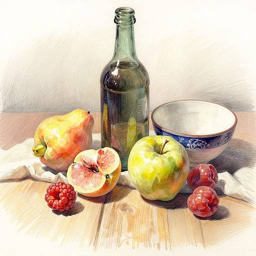 Photorealistic digital painting of a wooden table with a green bottle, pears, figs, raspberries, and a blue patterned bowl.