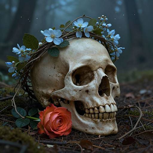 Photograph of a white skull adorned with blue flowers, resting on mossy forest ground with a red rose beside it.