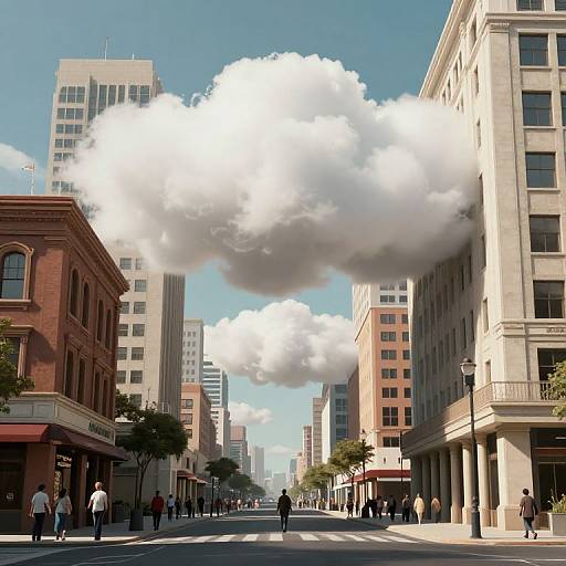 Photorealistic digital artwork of a city street with tall buildings, a large white cloud hovering above, and people walking.