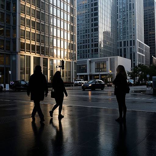 Photograph of three silhouetted pedestrians walking on a wet city street at dusk, with tall illuminated office buildings in the background.