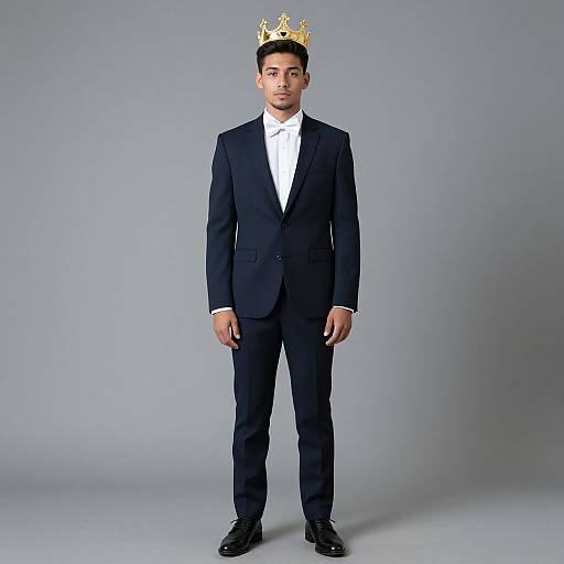 Photograph of a young man with medium-brown skin, short black hair, wearing a dark navy suit, white dress shirt, black shoes, and