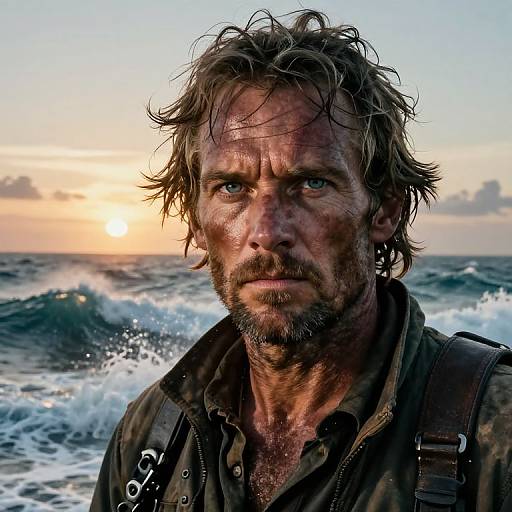 Photograph of a rugged, dirty, bearded man with wet, disheveled hair, intense blue eyes, wearing a dark jacket, standing at