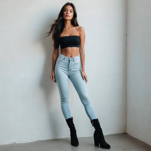 Fashionable Woman in Black Crop Top and Light Jeans