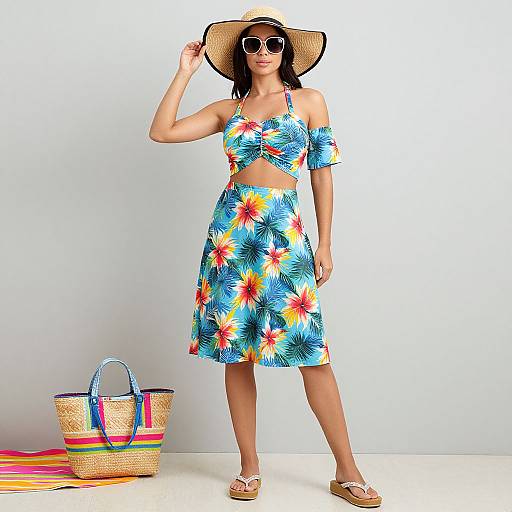 Photograph of a woman in a colorful floral off-shoulder dress and hat, sunglasses, standing with a woven beach bag.