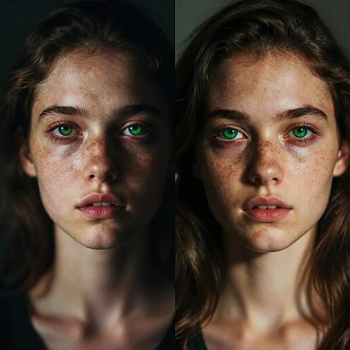 Photograph of a young woman with green eyes, freckles, and brown wavy hair, shown from two different lighting angles, emphasizing her intense